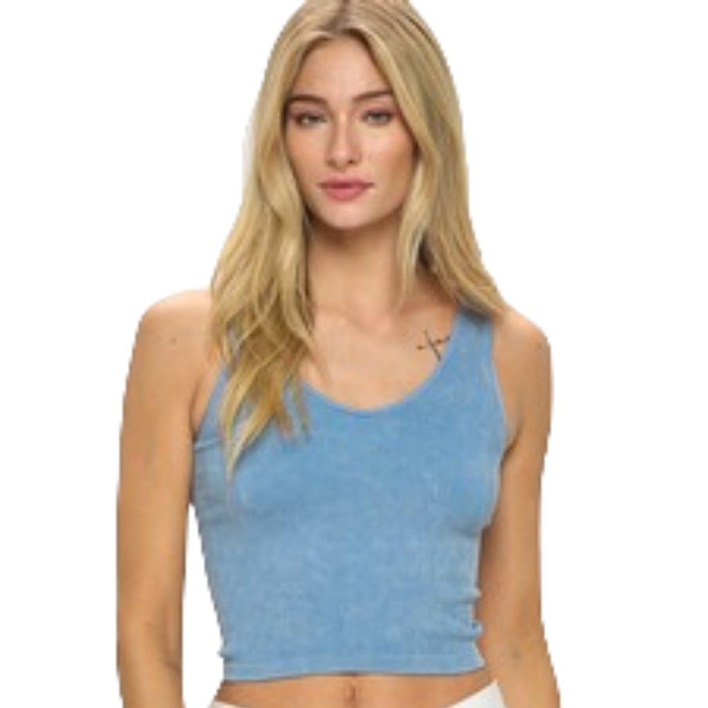Fitted seamless, sleeveless reversible stone washed ribbed tank-Denim